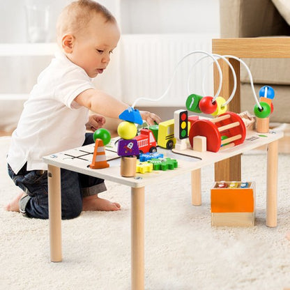 Houten Activity Center Speeltafel - 7-in-1 Educatief Montessori Speelgoed voor Peuters - Fijne Motoriek Training - Verkeer & Auto's Thema - Kralenframe & Vormenstoof - Educatief Activiteitenbord - Kraamcadeau - Baby Busy Board - 12 Maand +