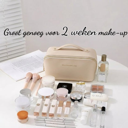 Make-up Tas Dames & Meisjes - Grote Toilettas voor Reizen & Vakantie - Beauty Case met Grote Opening - Cosmetica Organizer met Vakken - Waterafstotend PU Leer - Reis Etui voor Make up & Verzorging - Handige Badkamer Opbergtas - Beige