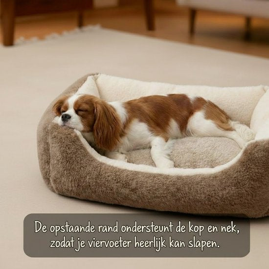 Hondenmand & Kattenmand - 70x50 cm - Met Uitneembaar Kussen - Zachte Dierenmand - Imitatie Konijnenbont - Antislipbodem - Orthopedisch & Wasbaar - Geschikt voor kleine honden en alle katten- Voor Teckel, Franse Bulldog & Maine Coon - Beige/Bruin