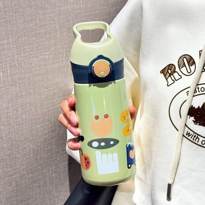 Kinder Thermosfles met Rietje 450ml - 12u Warm & 24u Koud - RVS Drinkfles met Luxe Draagtas - 100% Lekvrij & BPA-vrij - Isoleerfles Schoolbeker - Dubbelwandige Waterfles voor Jongens & Meisjes - Geschikt voor Sport, School & Onderweg - Groen