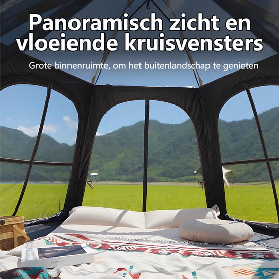 Pop-up Familietent met XXL Zonnescherm - 4-Persoons Koepeltent - Opzetten in 3 Seconden - Inclusief Voorluifel voor Extra Leefruimte - Waterdichte kampeertent - pop up tent voor Kamperen - festival tent + Draagtas - Kaki