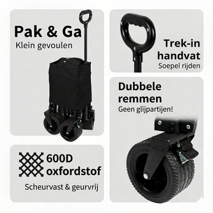 Bolderkar Opvouwbaar 135L - Extra Sterke Bolderwagen tot 150KG - Met Dubbele Rem & Telescopische Trekstang - Compact Inklapbare Strandkar met 360° Wielen - All-Terrain Trekkar voor Camping & Boodschappen - Bolderkarren Inclusief opbergtas - Zwart
