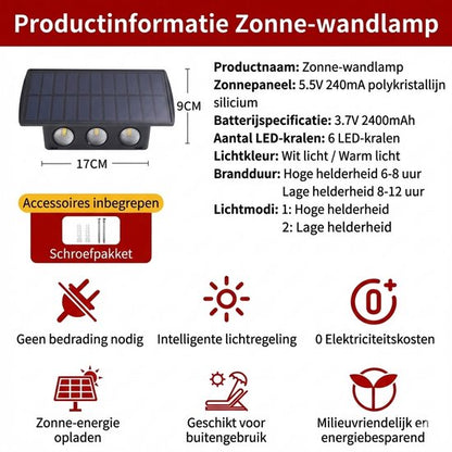Solar Wandlamp Up & Down - Warm Wit Licht met 2 Lichtstanden - 6 LED - IP55 Waterdichte Buitenlamp op Zonne-energie - 3000K - Tuinverlichting - Tuin sfeerlamp - Sfeervolle Gevelverlichting voor Tuin, Schutting & Terras - 2400mAh Accu - Zwart