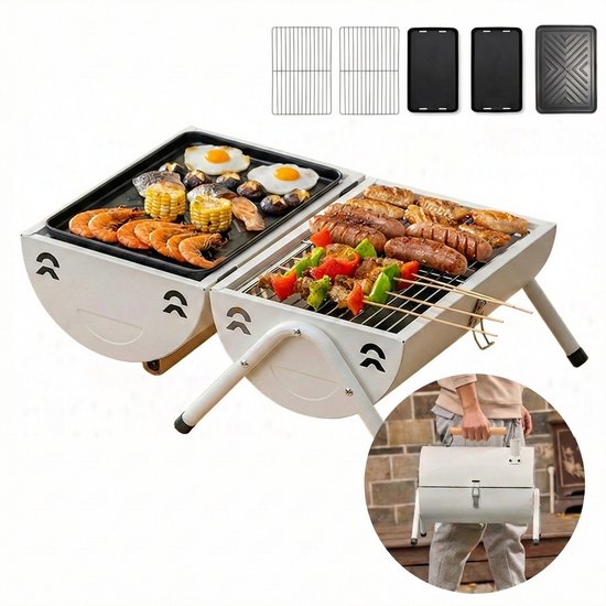Luxe Draagbare Tafelbarbecue Houtskool - 2-in-1 Smoker & Open Grill - Met Grillplaat & Deksel - Compacte Camping BBQ voor Balkon & Park - Dubbel Grilloppervlak - Houtskool Barbecue - Ideaal voor Buiten - Houtskool BBQ - Wit, 25.5 x 37.5 x 39 cm