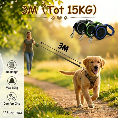 Uitschuifbare Hondenriem 3M (Tot 15KG) - Rollijn Hondenriem - Hondenlijn uittrekbaar - Automatische hondenriem - Rollijn - Anti-klit - Ergonomisch Handvat met Remsysteem - RVS Sluiting - Quick Lock Functie - grijs