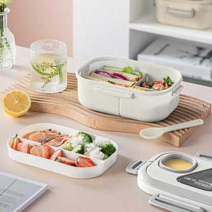 Lunchbox met sausbox ‌en bestek‌, Lekvrij Bento Box 1200ml voor Diepvries, Vaatwasser & Magnetronbestendig, met Silicone Afdichtring, Dubbele Laag met 6 Vakken Voor volwassenen en kinderen‌, ‌Wit-21*14.5*8.6cm