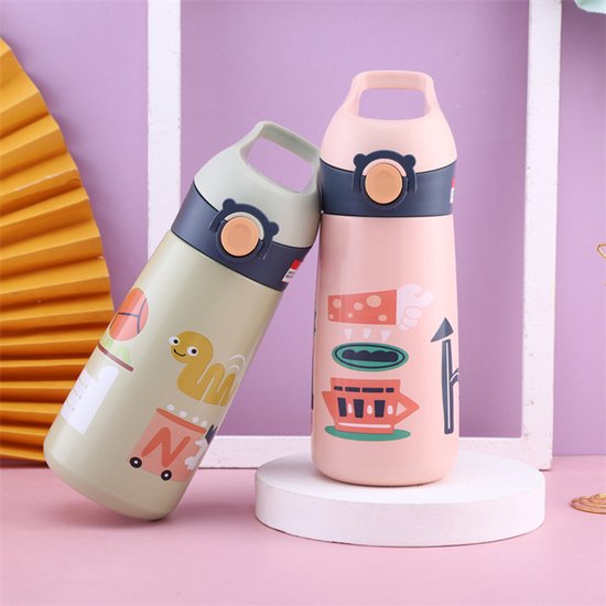 Kinder Thermosfles met Rietje 450ml - 12u Warm & 24u Koud - RVS Drinkfles met Luxe Draagtas - 100% Lekvrij & BPA-vrij - Isoleerfles Schoolbeker - Dubbelwandige Waterfles voor Jongens & Meisjes - Geschikt voor Sport, School & Onderweg - Groen