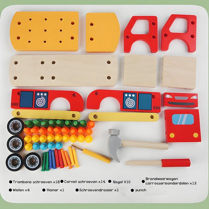 Montessori Gereedschapswagen truck – Demonteerbare Werkbank Auto – Houten Constructiespeelgoed met PVC Hamer, Spijkers en Schroeven, Educatief Speelgoed voor Fijne Motoriek, Gereedschapsauto & Vrachtwagen (3+ Jaar, Handgeschaafd + Veilige Verf)