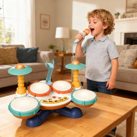 Interactief Baby Drumstel & Muziekinstrument - 3-in-1 Speelgoed met Piano, Microfoon en Licht & Geluid - Educatief Muziek Speelgoed voor Peuter - Verjaardag Cadeau voor Jongens & Meisjes 1 Jaar+