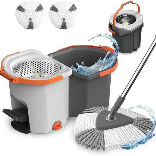 Roterend Mopsysteem met Voetpedaal - Mopset - Schoon & Vuil Water Scheiding - Dweilset met Emmer & 2 Microvezel Doeken - 180° Inklapbare Vloerwisser - RVS Steel (4-Delig) - Voor Alle Vloeren - Turbo Wringmechanisme - Ideaal tegen Huisdierharen & Stof