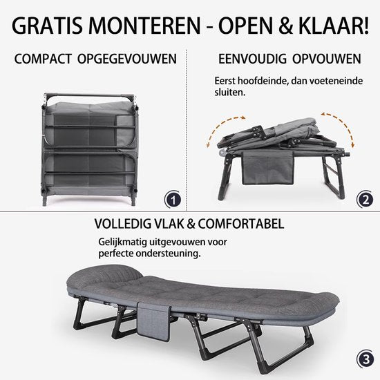 Veldbed - Camping bed - Logeerbed met Kussen- Opvouwbaar Kampeerbed - 190x66x30 cm - Strandbed - Versterkt 8-Poots - Met 3x Lendensteun - Stevig Kussen - Inklapbaar - Antraciet/Grijs - Ideaal voor Tuin, Kamperen & Reis