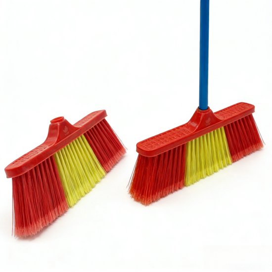 Clean bezem met Lange Steel - 134x32 cm - Professionele Kamerbezem voor Parket, Laminaat & PVC - Anti-Statische Vloerveger - Verwijdert Dierenharen & Stof - Ergonomische Huisbezem - Krasvrije Vloerborstel voor Woonkamer & Keuken - Rood/Geel