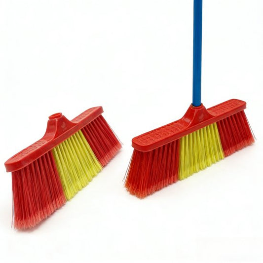 Clean bezem met Lange Steel - 134x32 cm - Professionele Kamerbezem voor Parket, Laminaat & PVC - Anti-Statische Vloerveger - Verwijdert Dierenharen & Stof - Ergonomische Huisbezem - Krasvrije Vloerborstel voor Woonkamer & Keuken - Rood/Geel
