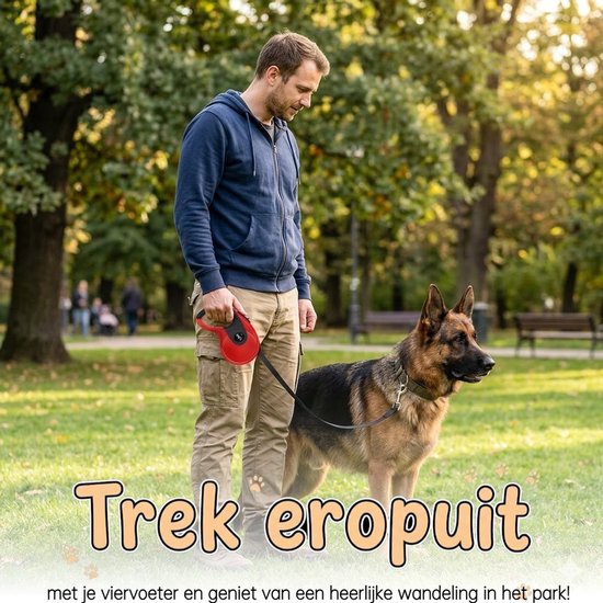 Uitschuifbare Hondenriem 5M (Tot 40KG) - Hondenlijn uittrekbaar - Automatische hondenriem - Rollijn - Anti-klit - Ergonomisch Handvat met Remsysteem - RVS Sluiting - Quick Lock Functie - rood