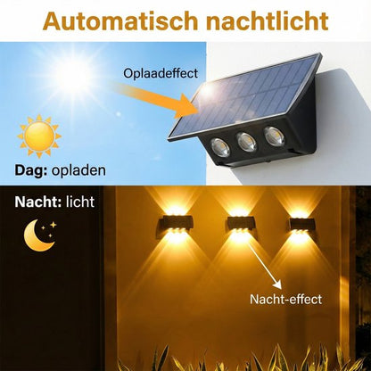 Solar Wandlamp Up & Down - Warm Wit Licht met 2 Lichtstanden - 6 LED - IP55 Waterdichte Buitenlamp op Zonne-energie - 3000K - Tuinverlichting - Tuin sfeerlamp - Sfeervolle Gevelverlichting voor Tuin, Schutting & Terras - 2400mAh Accu - Zwart