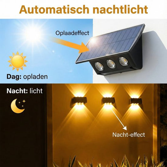 Solar Wandlamp Up & Down - Warm Wit Licht met 2 Lichtstanden - 6 LED - IP55 Waterdichte Buitenlamp op Zonne-energie - 3000K - Tuinverlichting - Tuin sfeerlamp - Sfeervolle Gevelverlichting voor Tuin, Schutting & Terras - 2400mAh Accu - Zwart