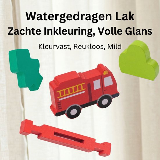 Houten Bouwstenen Set met Pen-en-Gatverbinding - Brandweerkazerne - 3D Puzzel & Constructie Speelgoed - Hout blokjes Peuter Cadeau - Rollenspellen - Bouwblokken - Educatief Montessori Speelgoed voor Kinderen - Vanaf 3 Jaar - Rood
