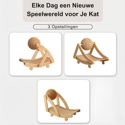 3-in-1 Krabplank voor Katten - Ergonomische Boogvorm Krabpaal met Jute Krabbal - Duurzaam Krabmeubel & Kattenmand - Slapen, Spelen & Krabben - Inclusief Kattenspeelgoed - Stevige Krabmat van Hout & Jute - 55x42x32 cm