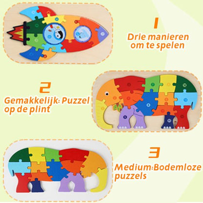 Houten Blokpuzzel-Montessori Speelgoed-3D puzzel-Kinderen-3 Jaar-Gift-Cadeau-14stuks-Olifant, Educatief Spel voor 3 4 5 6 7 Jaar, Cadeau voor Jongens en Meisjes