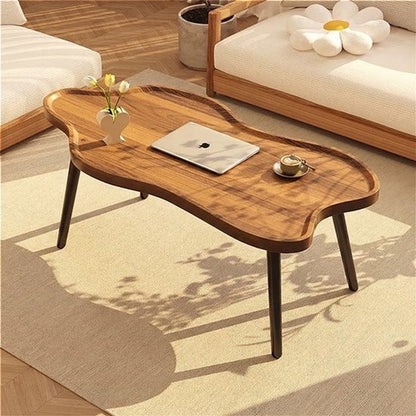 Japandi salontafel- Organische Salontafel (120x60) - Walnoot look - Wolkvorm Koffietafel in Notenhout Kleur - Salontafel zonder scherpe hoeken - Salontafel met dienbladblad - Wabi- Japandi Woonkamer Tafel met Opstaande Rand - Modern & Uniek Design