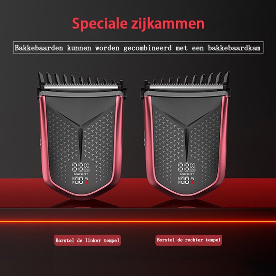 Tondeuse-All-in-One Precisietrimmer, Apparaat voor Gezicht en Hoofd-4 Lengtestanden (2-15 mm)-Waterdicht-Zelfslijpende Mesjes-Draadloos-Batterij Indicatie USB oplaadbare 120 min batterijduur (Rood)