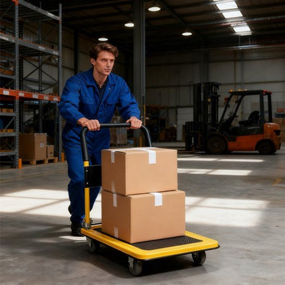 Plateauwagen 300kg - Opvouwbaar - Steekwagens & Transportwagen - 90x60cm - Heavy Duty Platformwagen Staal - Magazijnwagen met Anti-slip & Duwstang - Trolley voor Verhuizing, Garage, Bagage & Pakketten - Handwagen met 12cm Wielen