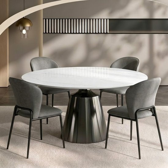 Ronde Eettafel keramiek met 4 Stoelen - Ø 150 cm - Stalen poten - Glanzende afwerking - Sintered Stone (Keramiek) 12mm - Sneeuwwit - Onderhoudsvriendelijk - Microvezel Leer & Koolstofstaal