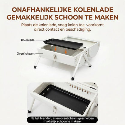Luxe Draagbare Tafelbarbecue Houtskool - 2-in-1 Smoker & Open Grill - Met Grillplaat & Deksel - Compacte Camping BBQ voor Balkon & Park - Dubbel Grilloppervlak - Houtskool Barbecue - Ideaal voor Buiten - Houtskool BBQ - Wit, 25.5 x 37.5 x 39 cm