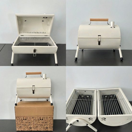 Luxe Draagbare Tafelbarbecue Houtskool - 2-in-1 Smoker & Open Grill - Met Grillplaat & Deksel - Compacte Camping BBQ voor Balkon & Park - Dubbel Grilloppervlak - Houtskool Barbecue - Ideaal voor Buiten - Houtskool BBQ - Wit, 25.5 x 37.5 x 39 cm