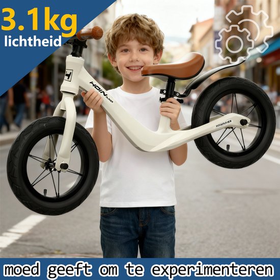Loopfiets 12 inch met rubberen luchtbanden - Kinderfiets - Lichtgewicht magnesiumframe (0,65 kg) - Inclusief fietspomp - Verstelbaar zadel (31-45 cm) - Totaalgewicht 3,1 kg - Antislip handvatten - Stalen spaken - Voor kinderen vanaf 2 jaar - Wit