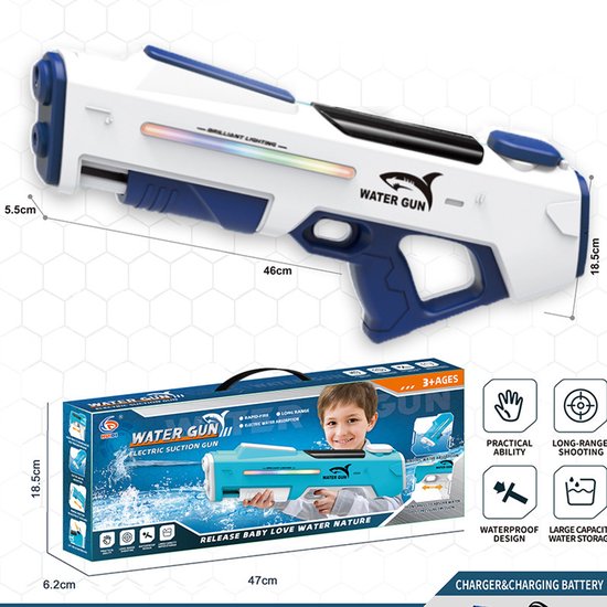 Elektrisch Waterpistool 46cm XL - 7m Bereik - 350ml - Water Pistool met Licht - Automatisch Watergeweer - Super Soaker - Waterspeelgoed - Elektrisch speelgoed - Buitenspeelgoed voor Kinderen & Volwassenen - Inclusief batterij - USB Oplaadbaar - Wit