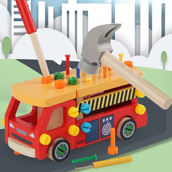 Montessori Gereedschapswagen truck – Demonteerbare Werkbank Auto – Houten Constructiespeelgoed met PVC Hamer, Spijkers en Schroeven, Educatief Speelgoed voor Fijne Motoriek, Gereedschapsauto & Vrachtwagen (3+ Jaar, Handgeschaafd + Veilige Verf)