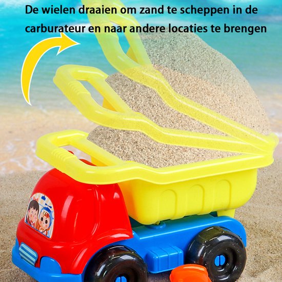 Zandspeelgoed Vrachtwagen Set - 7-delig - Strandspeelgoed met Auto, Gieter, Zandvormpjes & Schepje - Stevig Zandbak Speelgoed voor Kinderen - Complete Strandset - Zandbakspeelgoed - Zandbakken - Buitenspeelgoed - Speelgoed - Multi-color