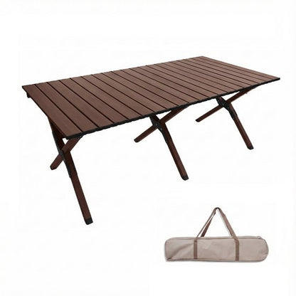 Aluminium Campingtafel 120 cm - Lichtgewicht Roltafel met Houtlook - Opvouwbaar & Compact voor 4-6 Personen - Belastbaar tot 100KG - Opvouwbare tafel Inclusief Draagtas voor Picknick & Tuin - 120x60x45cm - Bruin