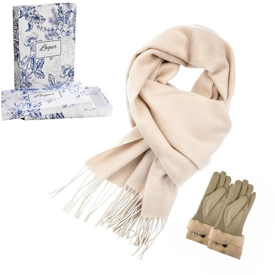 100% Cashmere Sjaal & Handschoenen Set - Winterset met Touchscreen Functie - In Chique Geschenkverpakking - Zacht Kasjmier - Verjaardag Cadeau voor Vrouwen - Melkachtig wit