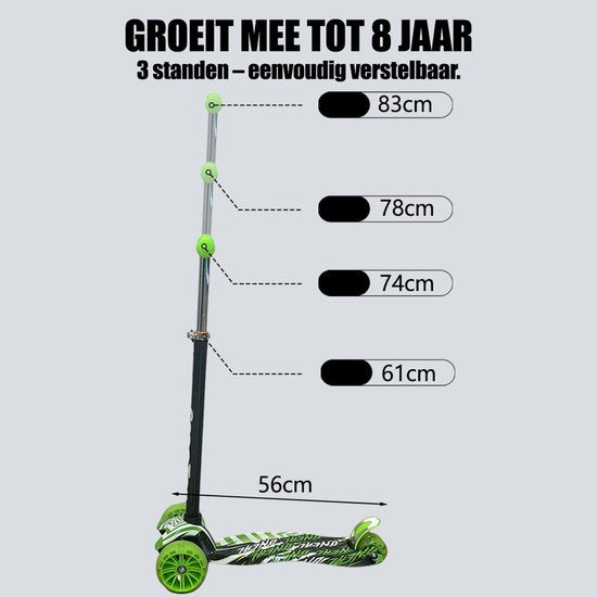 Kinderstep - LED-wielen met flitsende verlichting - max 50kg - leeftijd 3+ - hoogte verstelbaar 61-83 cm (3 standen) Groen