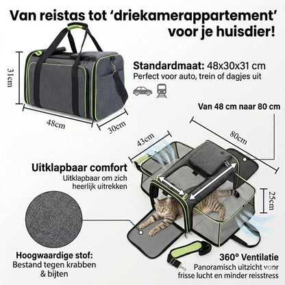 Grote Uitbreidbare Huisdier Reistas - 48x31x80 cm - Draagtas Hond - Draagtas Kat - Kattentas - Draagtas voor Katten & Kleine Honden - Tot 8kg - Opvouwbaar - Ventilerend - Met Bagageband & Schouderband - Met Opbergvakken - Groen
