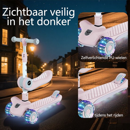 Kinderstep 3-in-1: Loopfiets + Driewieler + Step - Eénklaps Vouwbaar (Geen Montage!) - LED Lichtwielen - Verstelbaar 62-80cm - Veilig Laag Zwaartepunt - Geschikt 3-8 Jaar - Draagt 50kg - Zacht Roze