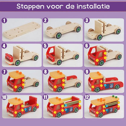 Montessori Gereedschapswagen truck – Demonteerbare Werkbank Auto – Houten Constructiespeelgoed met PVC Hamer, Spijkers en Schroeven, Educatief Speelgoed voor Fijne Motoriek, Gereedschapsauto & Vrachtwagen (3+ Jaar, Handgeschaafd + Veilige Verf)