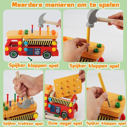 Montessori Gereedschapswagen truck – Demonteerbare Werkbank Auto – Houten Constructiespeelgoed met PVC Hamer, Spijkers en Schroeven, Educatief Speelgoed voor Fijne Motoriek, Gereedschapsauto & Vrachtwagen (3+ Jaar, Handgeschaafd + Veilige Verf)