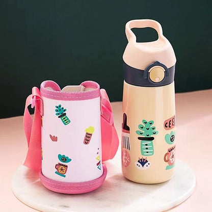 Pop-up drinkfles voor kinderen 450 ml - BPA-vrij - Dubbelwandig RVS (binnenkant 316 / buitenkant 304) - Lekvrij - 24 uur warm & koud - School & sport - Roze