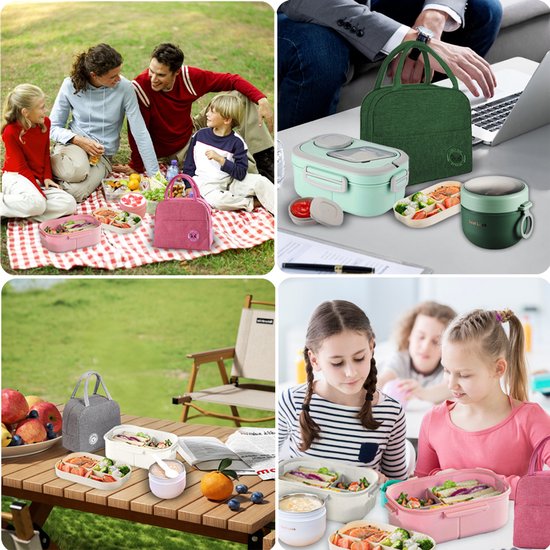 Lunchbox Set 1200+600ml voor Vaatwasser & Magnetronbestendig - Yoghurt en Muesli beker to go - broodtrommel met sausbox ‌en bestek‌ - Lunchpot met Isolerende Draagtas -Bento box voor volwassenen en kinderen‌ - Voor Werk, School, Picnic - Roze