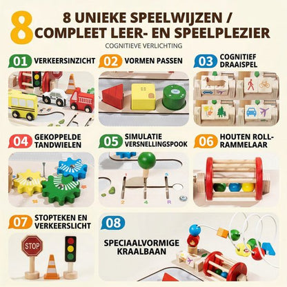Houten Activity Center Speeltafel - 7-in-1 Educatief Montessori Speelgoed voor Peuters - Fijne Motoriek Training - Verkeer & Auto's Thema - Kralenframe & Vormenstoof - Educatief Activiteitenbord - Kraamcadeau - Baby Busy Board - 12 Maand +