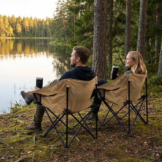 Campingstoel Maanstoel - Opvouwbaar tot 150kg - Comfortabel & Ademend met Bekerhouder - Lichtgewicht Vouwstoel met Draagtas voor Camping, Strand & Tuin - Visstoel met Armleuningen - 600D Oxford Klapstoel - Kampeerstoel - Visstoeltje Zandgeel / Beige