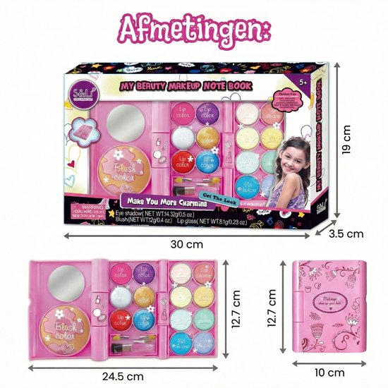 Kinder Make-up Set in Notitieboekje - 19-delig Speelgoed Make-up Palet met Spiegel - Afwasbaar & Parabeenvrij - Veilige Cosmetica met Oogschaduw & Lipgloss - kinder make up koffer - Rollenspel - Cadeau voor Meisjes 5 tot 8 Jaar