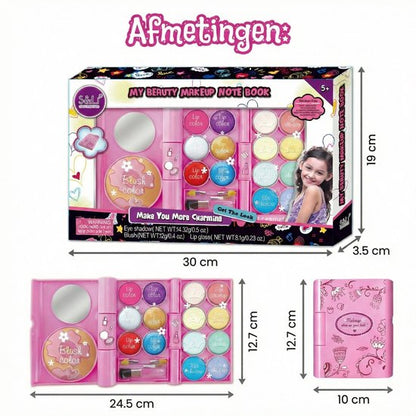 Kinder Make-up Set in Notitieboekje - 19-delig Speelgoed Make-up Palet met Spiegel - Afwasbaar & Parabeenvrij - Veilige Cosmetica met Oogschaduw & Lipgloss - kinder make up koffer - Rollenspel - Cadeau voor Meisjes 5 tot 8 Jaar