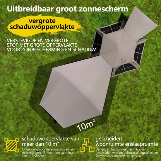Pop-up Familietent met XXL Zonnescherm - 4-Persoons Koepeltent - Opzetten in 3 Seconden - Inclusief Voorluifel voor Extra Leefruimte - Waterdichte kampeertent - pop up tent voor Kamperen - festival tent + Draagtas - Kaki