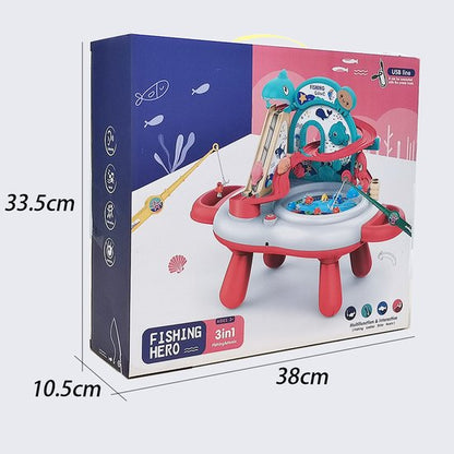 Interactieve 3-in-1 Speeltafel & Visspel - Elektrisch Speelgoed met Glijbaan, Muziek & 2 Hengels - Magnetisch Vissen Spel voor Binnen - Fishing Set Speelgoed - Speelset met Visspel - Cadeau voor Kinderen 3 Jaar, Rood