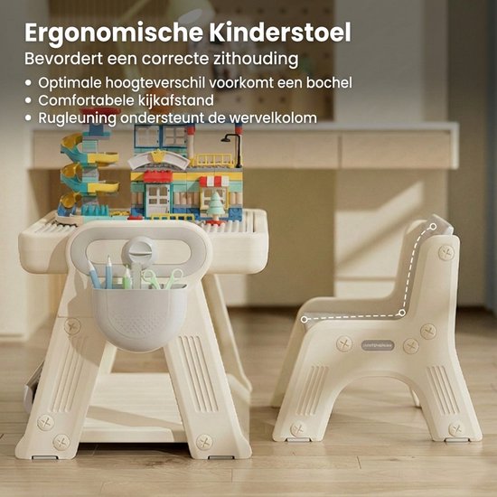 Kindertafel Met 1 Stoel + 2 Bakjes + 209 Grote Bouwstenen- 2-in-1 Bouwtafel & Leertafel - Speeltafel Geschikt voor Lego® & Duplo® blokken - Blokken Tafel Kinderen - Legotafel- zandtafel - watertafel - Ideaal Cadeau voor Verjaardagen, Wit