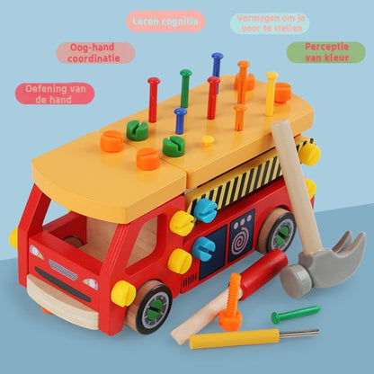 Montessori Gereedschapswagen truck – Demonteerbare Werkbank Auto – Houten Constructiespeelgoed met PVC Hamer, Spijkers en Schroeven, Educatief Speelgoed voor Fijne Motoriek, Gereedschapsauto & Vrachtwagen (3+ Jaar, Handgeschaafd + Veilige Verf)